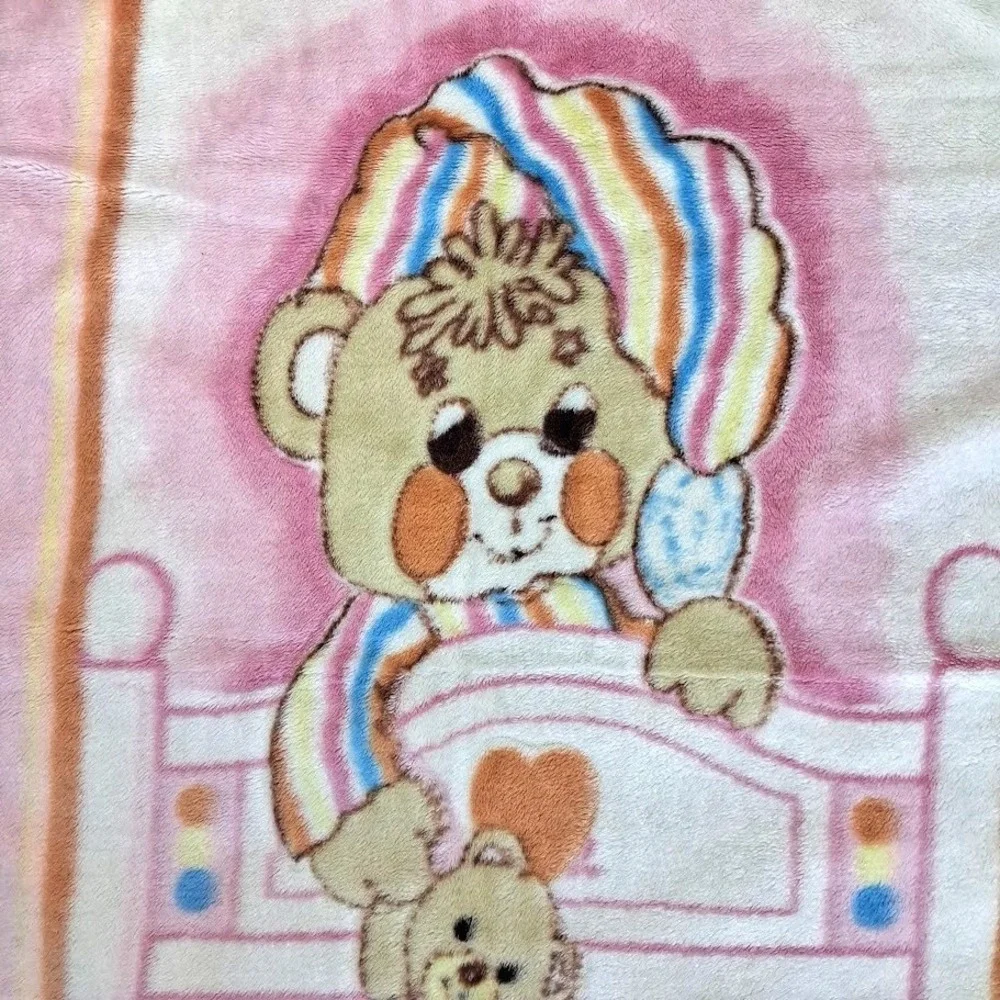 Vtg Sleepy Bear Blanket Soft Fleece 39x52 Plush Crib Pink Orange Thick Girl